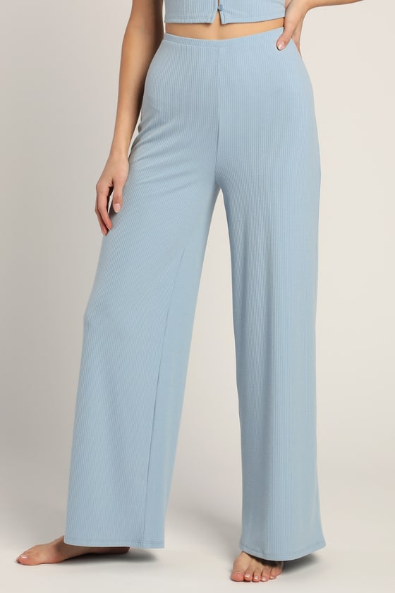 Slate Blue Pants - Ribbed Lounge Pants - Soft Wide-Leg Pants - Lulus