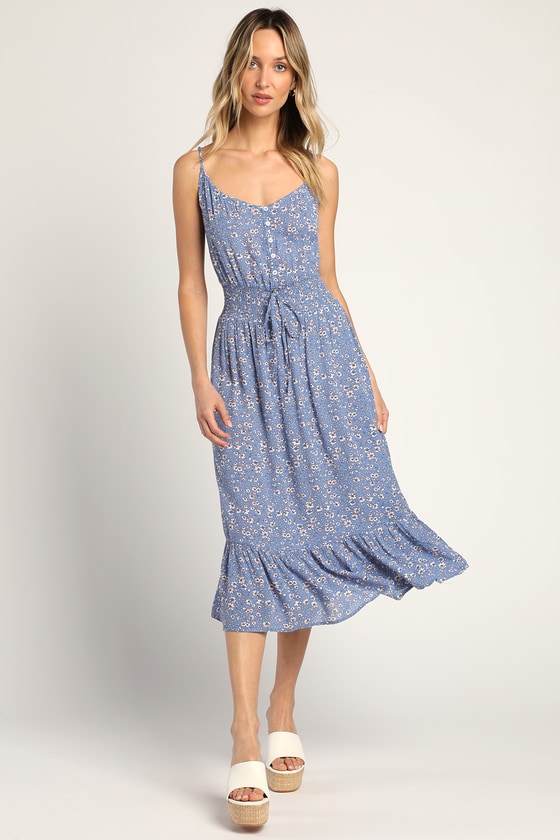 Blue Floral Print Dress - Floral Midi Dress - Tiered Midi Dress - Lulus