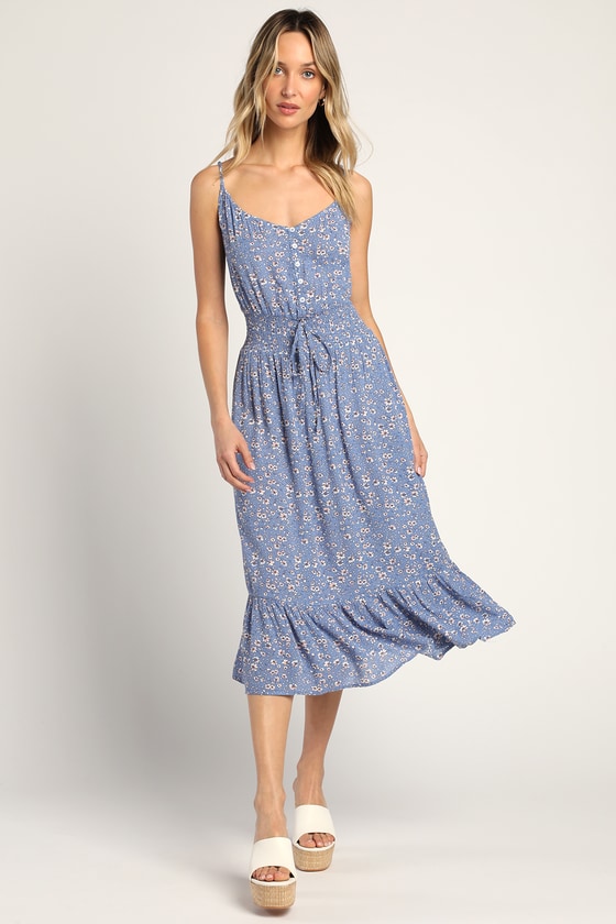 Sweet Blue Floral Print Tiered Midi Dress