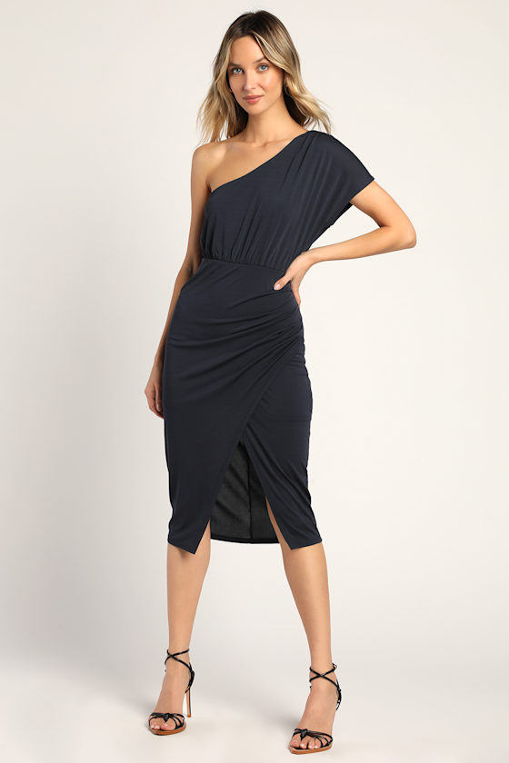 Raise a Glass Navy Blue One-Shoulder Midi Dress 1