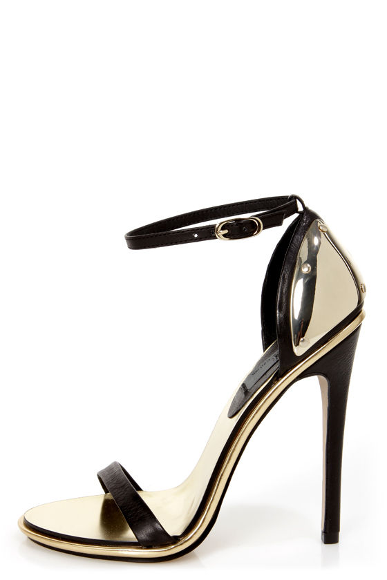 black sandals with gold heel