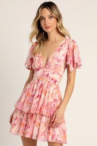 Sunny Evenings Pink Multi Lurex Flutter Sleeve Mini Dress