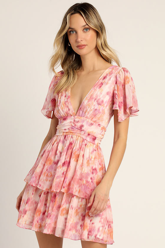Sunny Evenings Pink Multi Lurex Flutter Sleeve Mini Dress 2