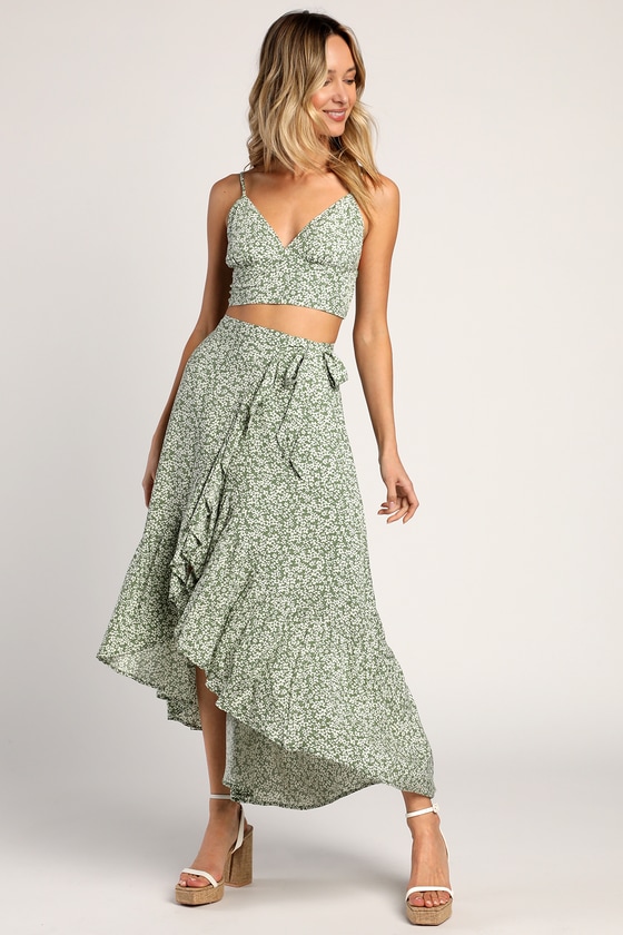 Summer Romance Sage Green Floral Print Two-Piece Midi Dress