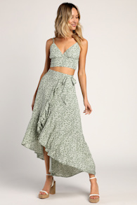Summer Romance Sage Green Floral Print Two-Piece Midi Dress 3