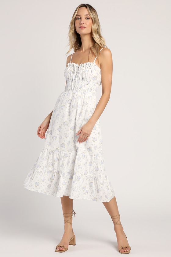 White Floral Midi Dress - Tiered Midi Dress - Empire Waist Dress - Lulus