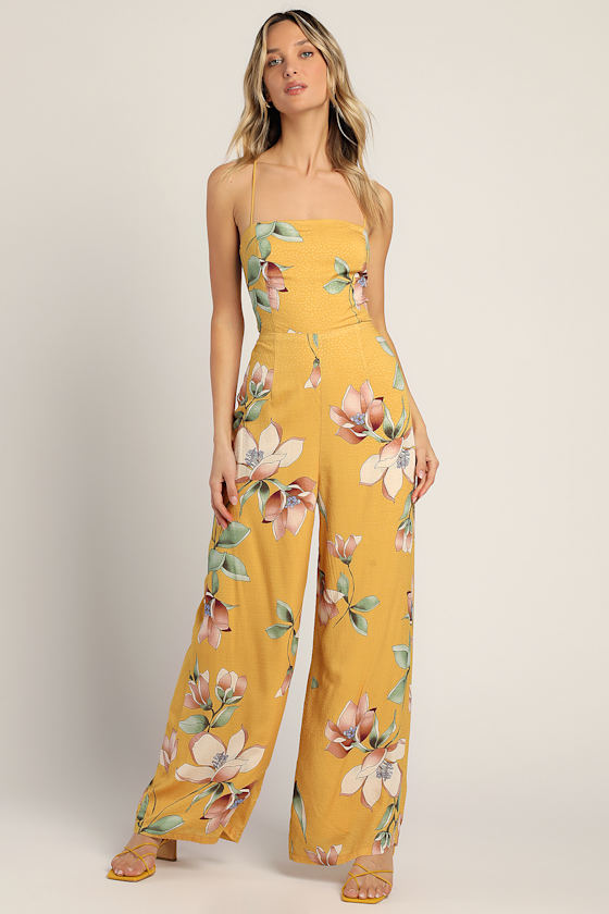 Yellow Floral Jumpsuit Jacquard Jumpsuit LaceUp Jumpsuit Lulus