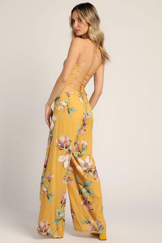 Love the Weather Yellow Floral Print Jacquard Lace-Up Jumpsuit 5