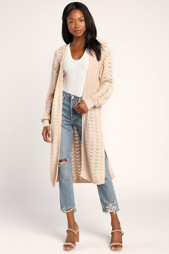 Sheer Comfort Beige Pointelle Knit Cardigan Sweater 1