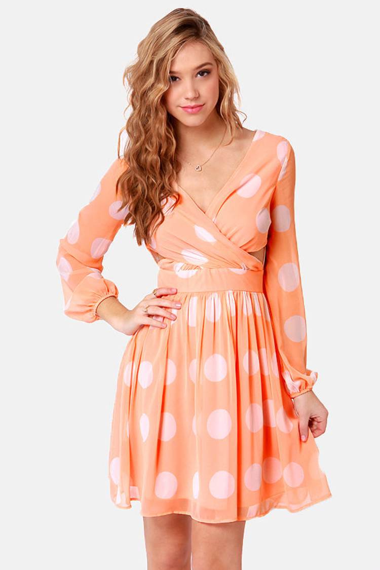 Cute Peach Dress - Polka Dot Dress - Long Sleeve Dress - Cutout Dress -  $46.00 - Lulus