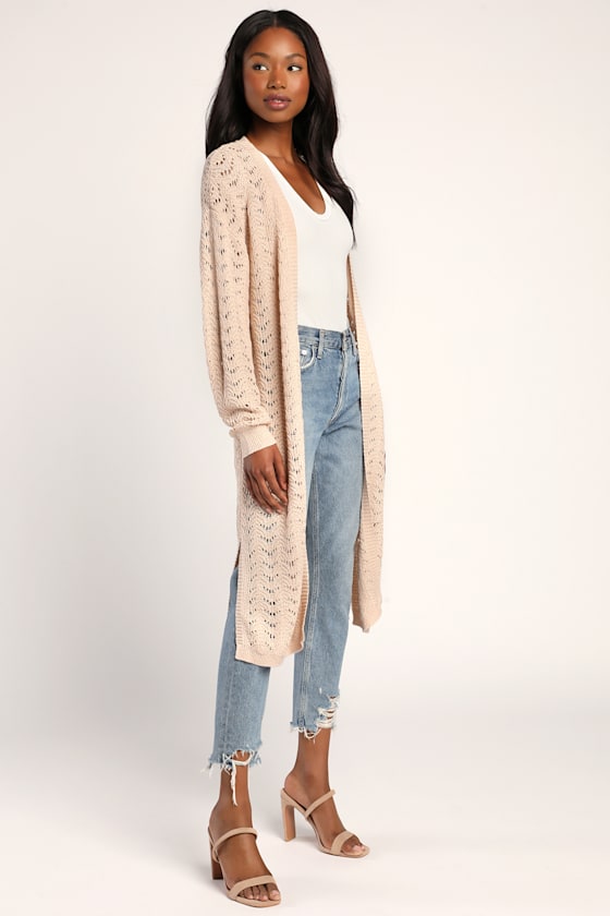 Sheer Comfort Beige Pointelle Knit Cardigan Sweater 2