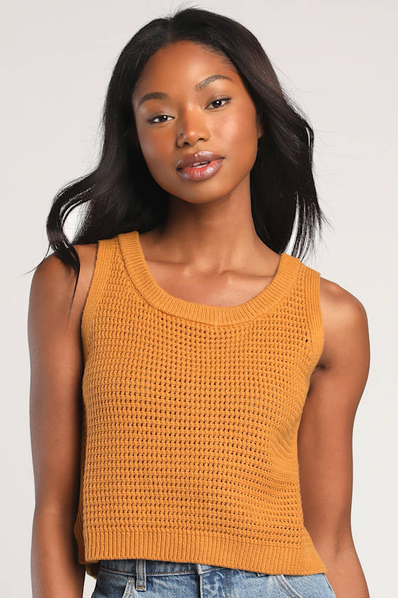 Get The Look Mustard Yellow Loose Knit Sweater Tank Top 1