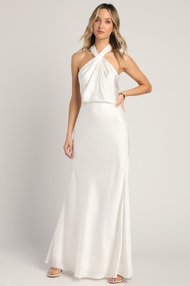 At the Halter White Satin Halter Neck Twist-Front Maxi Dre