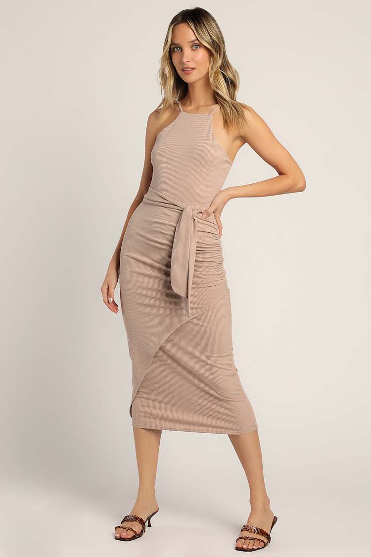 Taupe Midi Dress - Ruched Midi Dress - Halter Midi Dress - Lulus