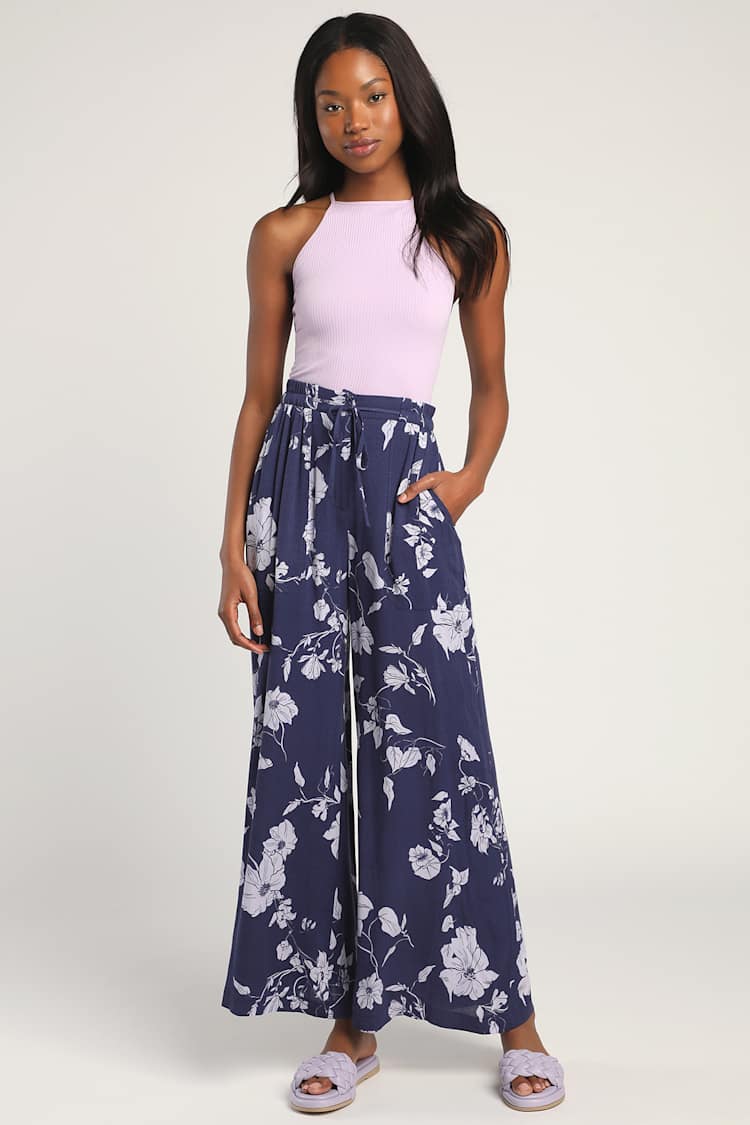 High Waisted Blue Floral Trousers The Poppy High Waist Floral Wide