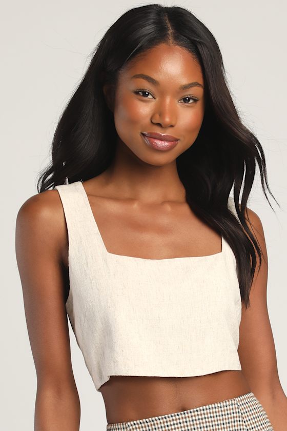 Just Perfect Beige Square Neck Cropped Tank Top 2