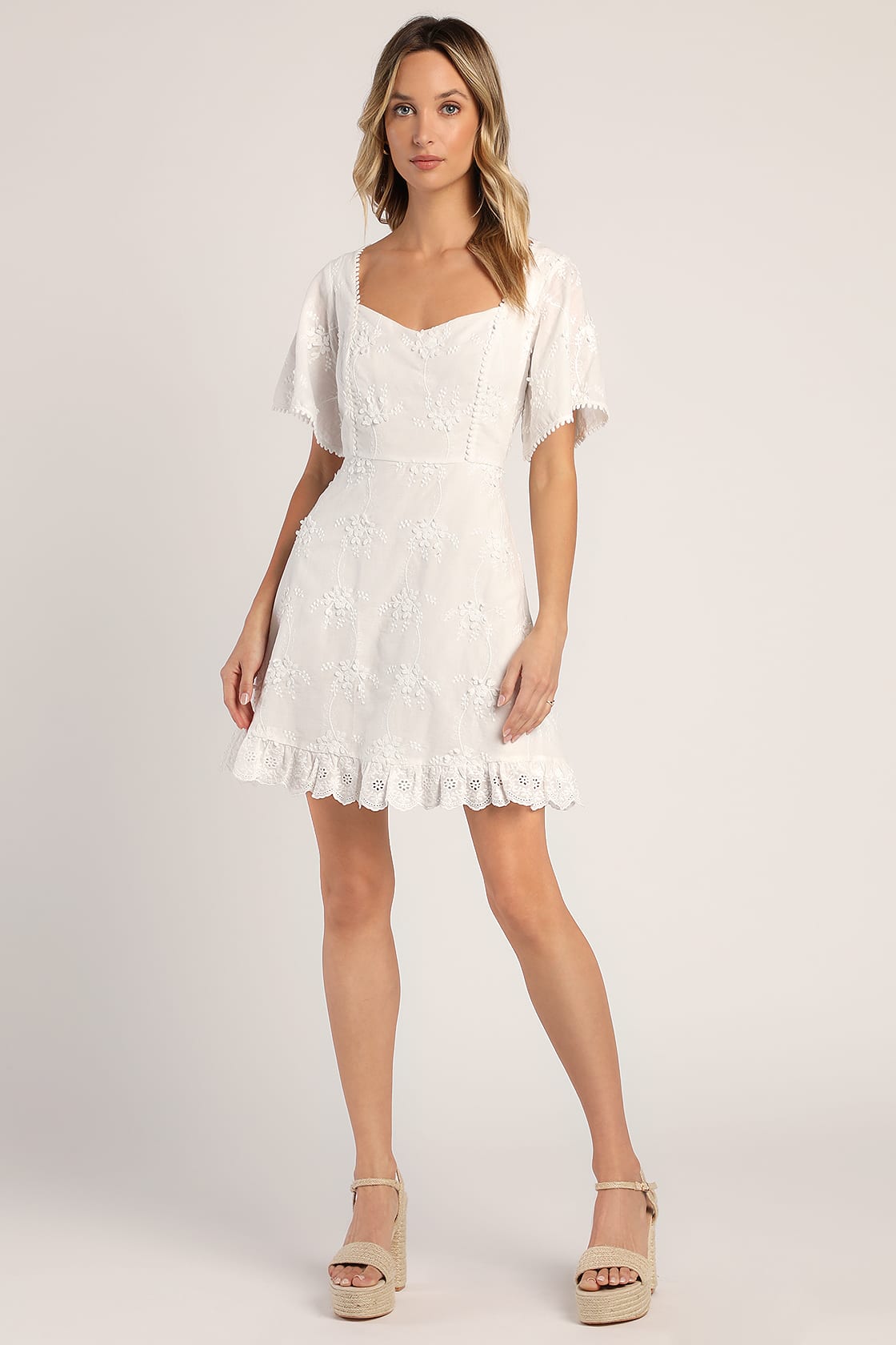 Morning in Mallorca White Cotton Eyelet Short Sleeve Mini Dress