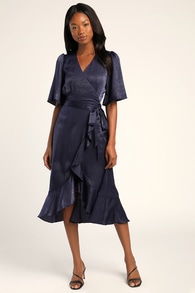 Wrapped Up In Love Navy Blue Satin Faux-Wrap Midi Dress