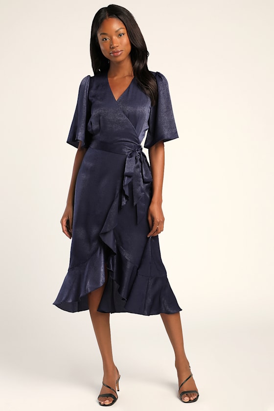 Wrapped Up In Love Navy Blue Satin Faux-Wrap Midi Dress 2