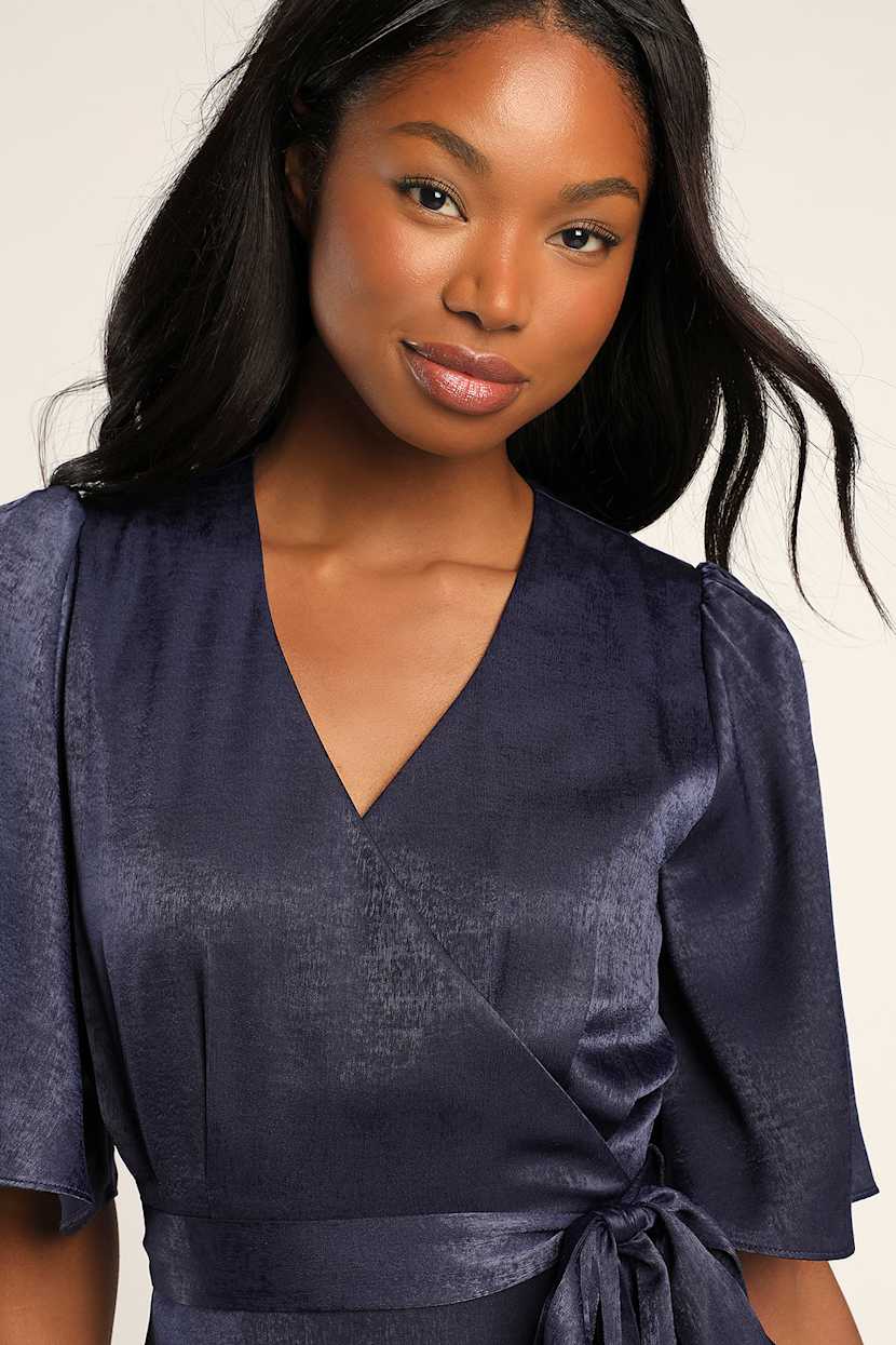 Navy Blue Dress - Satin Dress - Satin Wrap Dress - Midi Dress - Lulus Navy Blue Dress - Satin Dress - Satin Wrap Dress - Midi Dress - Lulus