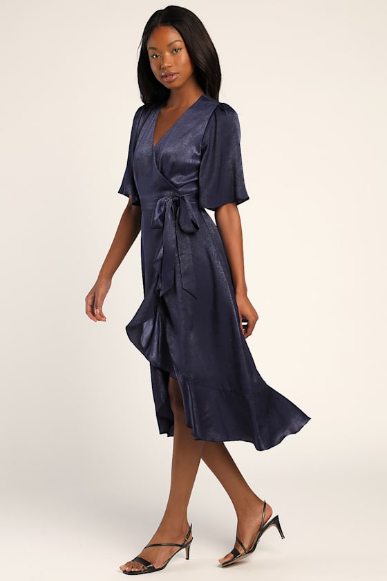 Wrapped Up In Love Navy Blue Satin Faux-Wrap Midi Dress 4