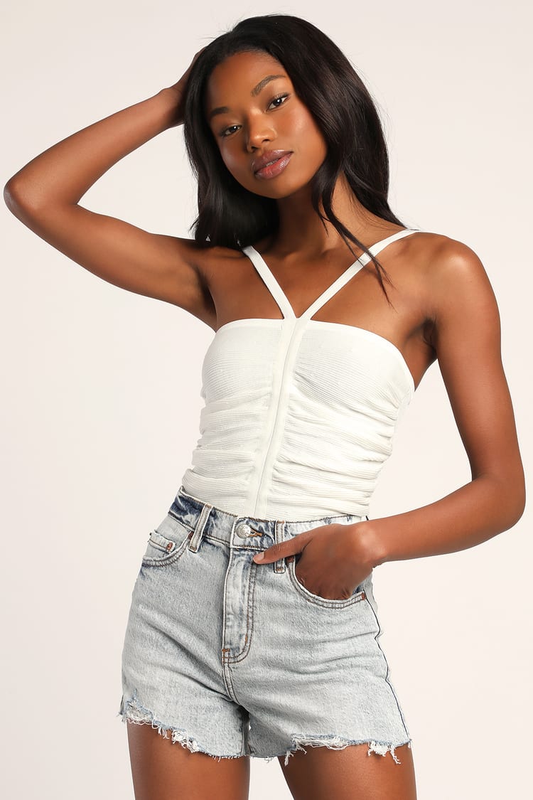 Ivory Ruched Tank Top - Cropped Halter Top - Ruched Halter Top - Lulus