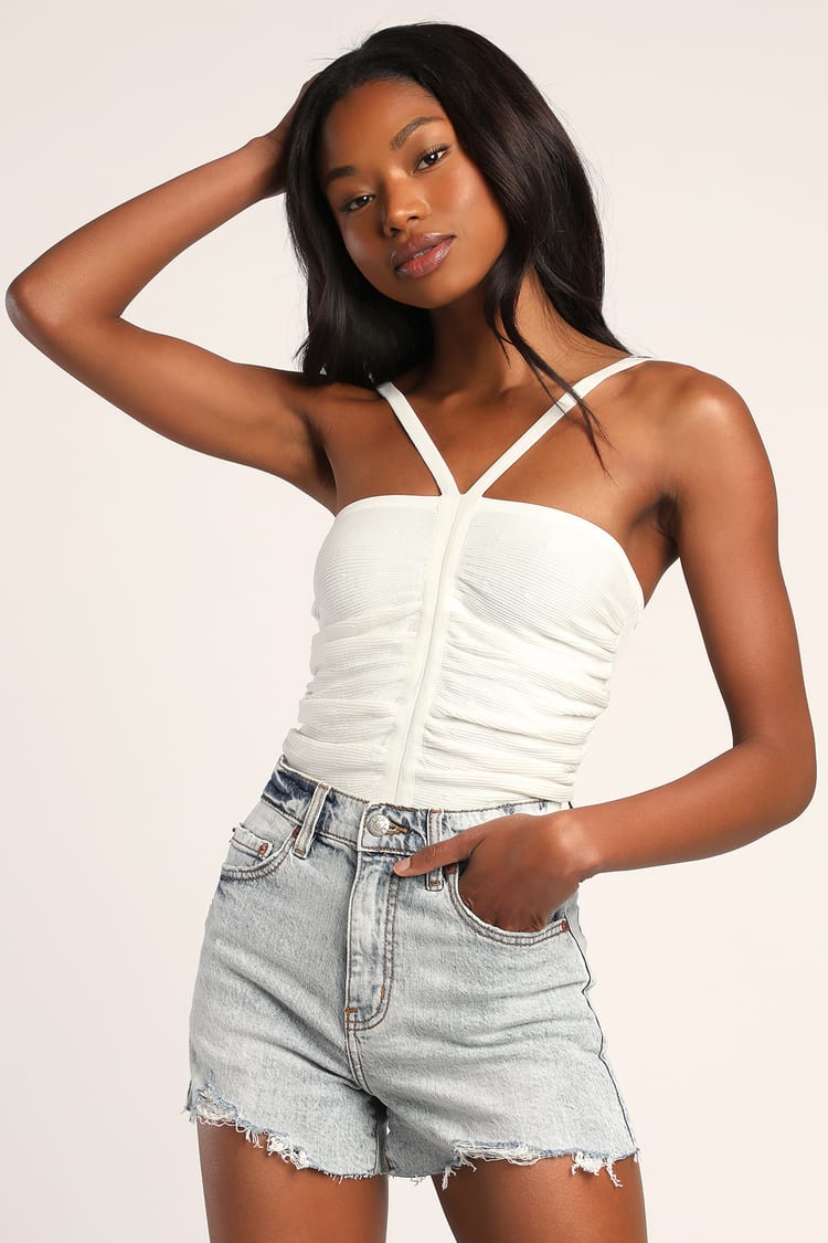 Best Thing Ivory Ruched Cropped Halter Tank Top