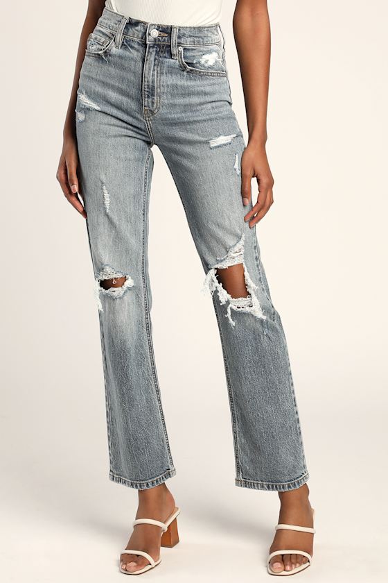 Light Wash Denim Dad Jeans - Ripped Denim Jeans - Wide-Leg Jeans - Lulus