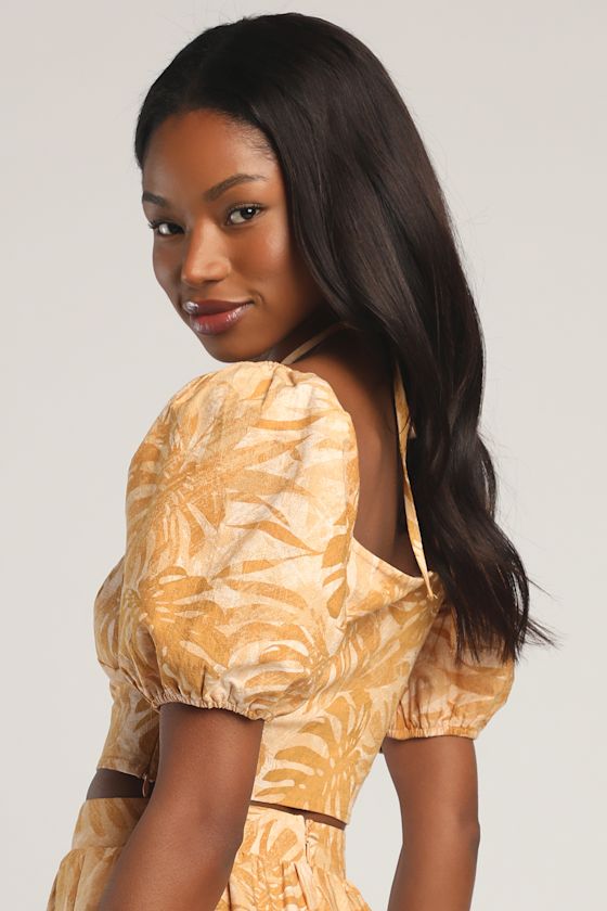 Beige Tropical Print Top - Puff Sleeve Top - Keyhole Crop Top - Lulus