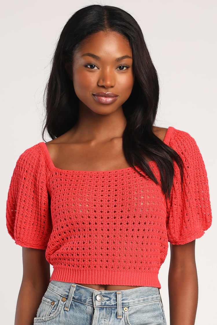 Sweet Summertime Coral Loose Knit Puff Sleeve Sweater Top