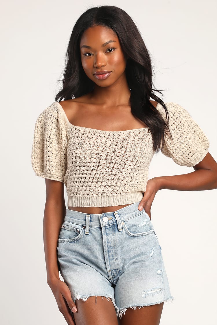 Sweet Summertime Cream Sheer Crochet Puff Sleeve Sweater Top