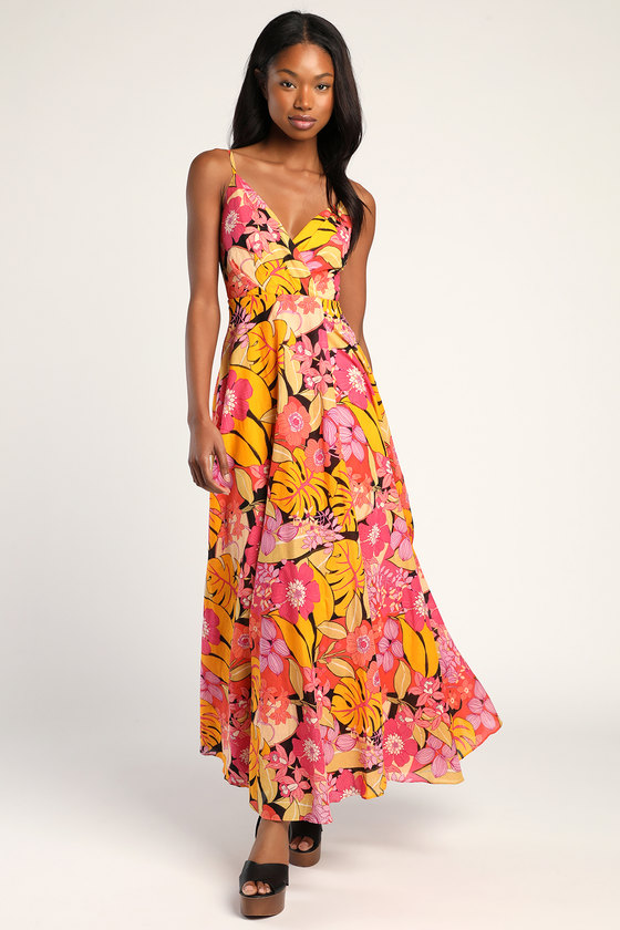 Lulus | Cabo Is Calling My Name Orange Floral Print Surplice Maxi Dress | Size Large | 100% Cotton