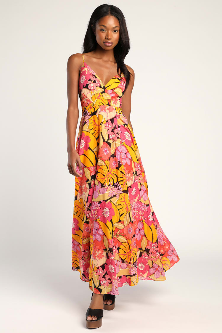 Cabo Is Calling My Name Orange Floral Print Surplice Maxi Dress