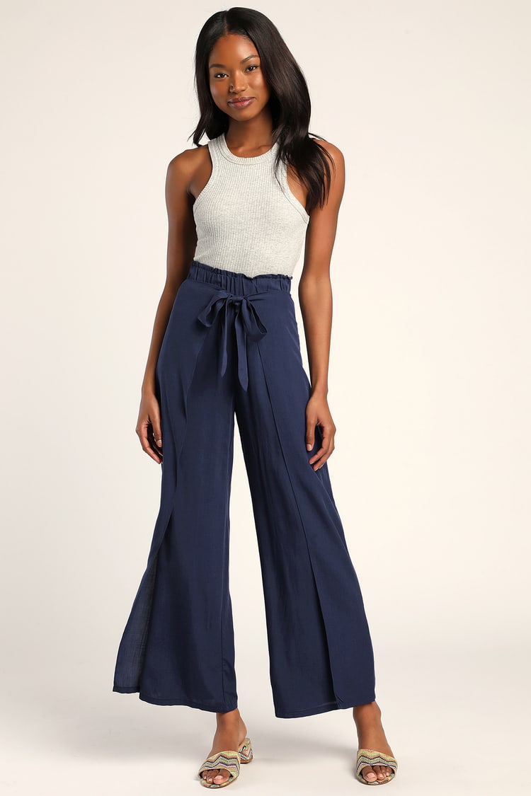 Always Here for You Navy Blue Tie-Front Wide-Leg Pants