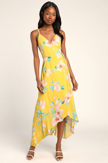 Blooming Bright Yellow Floral Print High-Low Wrap Midi Dress