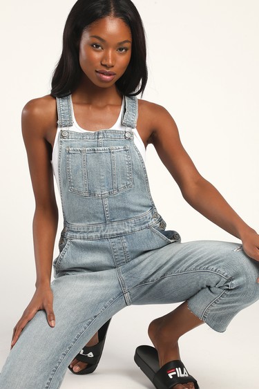 Tommy Medium Wash Distressed Cropped Straight-Leg Overalls