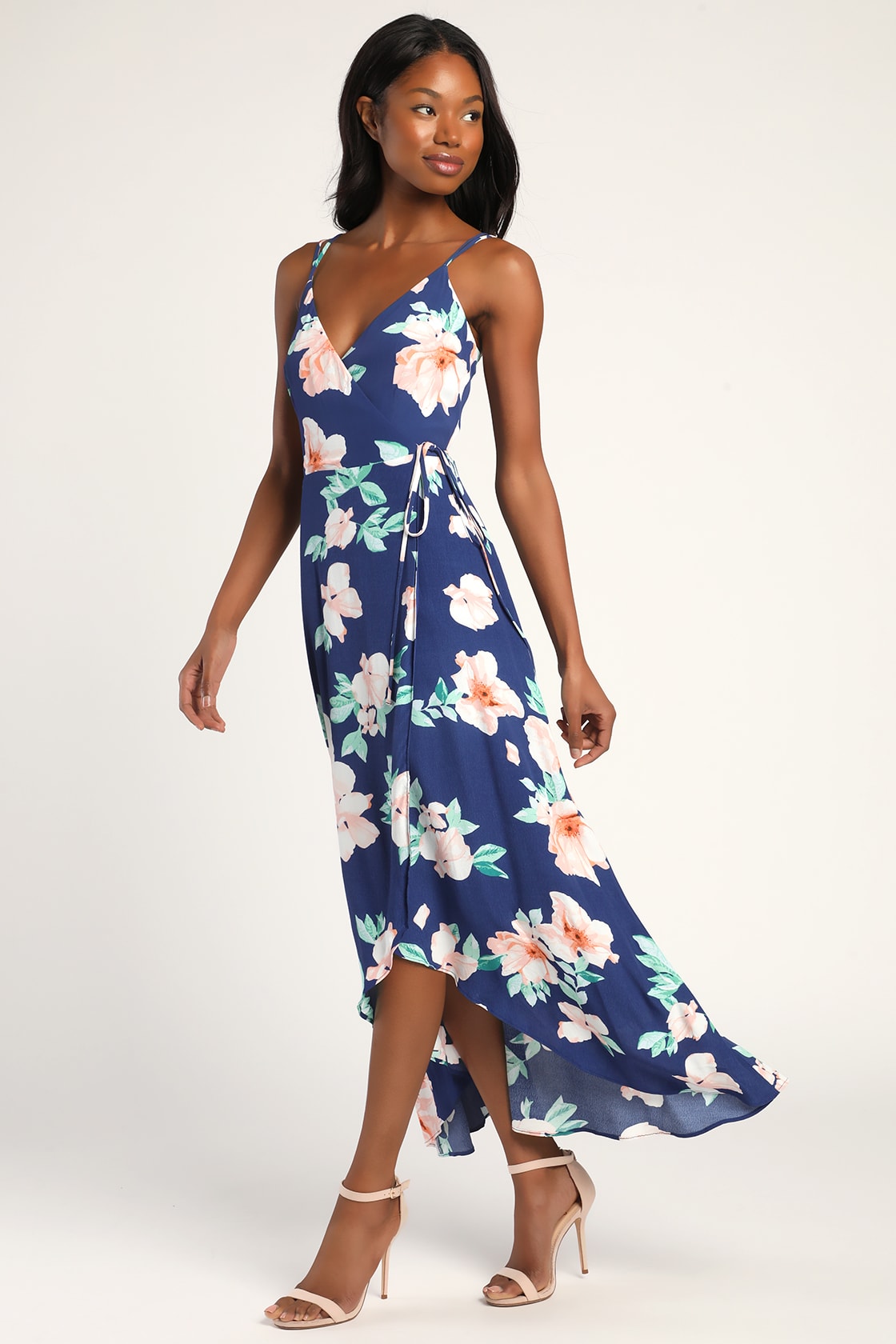 Blue Floral Midi Dress - High-Low Wrap Dress - Midi Dress - Lulus