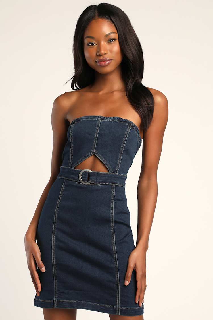 Free People As If Mini Dress - Denim Mini Dress - Strapless Dress - Lulus