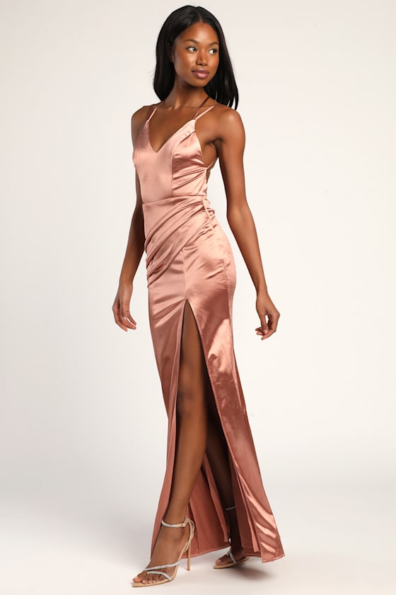 Off Shoulder Backless Satin Dress With Slit Dusty Rose main image 0