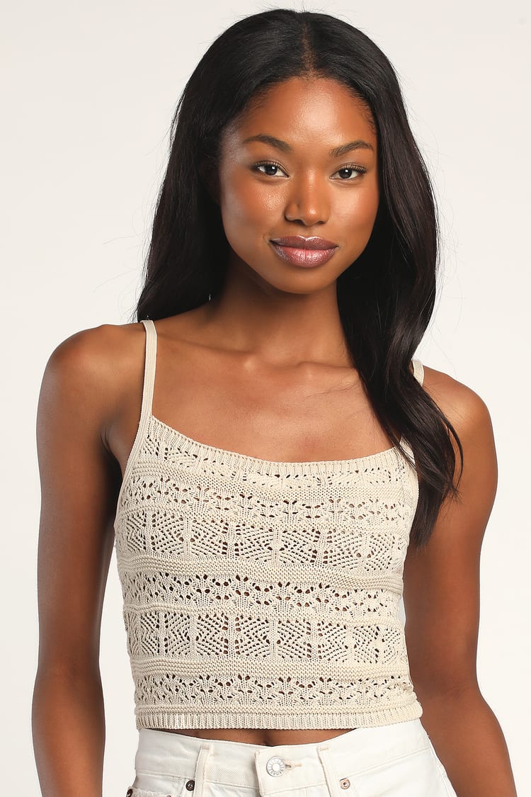 Don't Miss the Pointelle Beige Cropped Loose Knit Tank Top