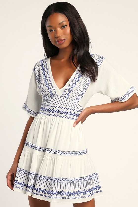 White Embroidered Mini Dress - Short Sleeve Dress - V-Neck Dress - Lulus