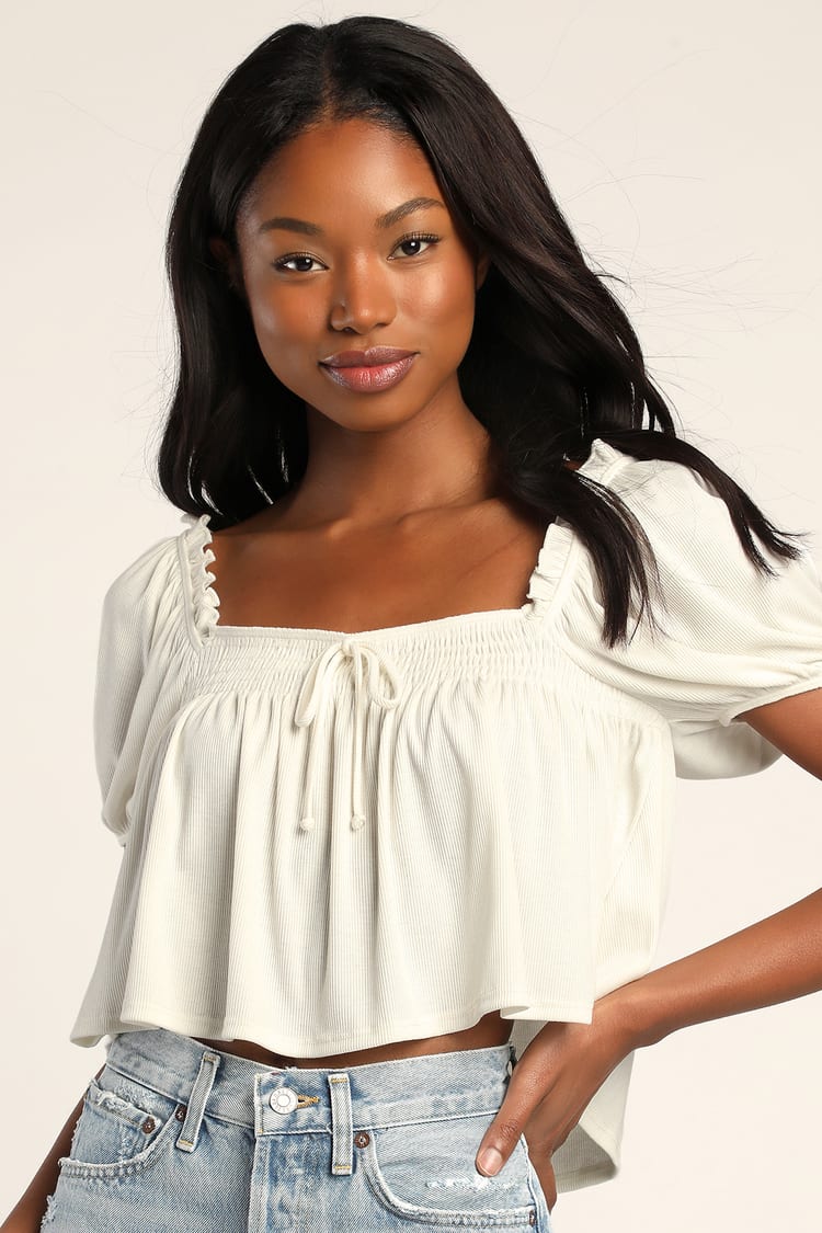 Ivory Puff Sleeve Tops - Ivory Babydoll Tops - Ivory Smocked Tops