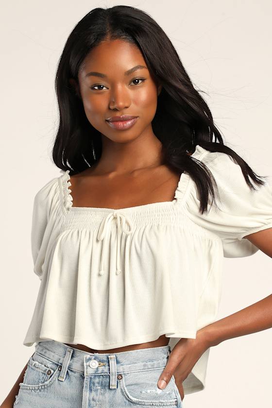 Delicate Details Ivory Ribbed Puff Sleeve Babydoll Top 3