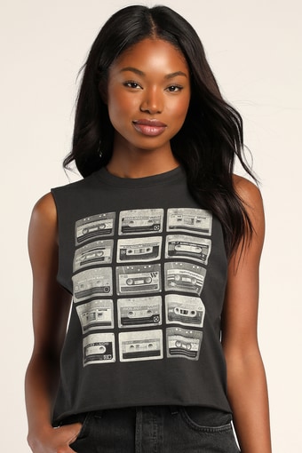 Cassette Washed Black Cropped Graphic Muscle Tank Top
