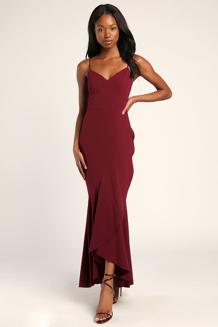 Burgundy Maxi Dress - Ruffled Maxi Dress - Mermaid Dress - Lulus Burgundy Maxi Dress - Ruffled Maxi Dress - Mermaid Dress - Lulus