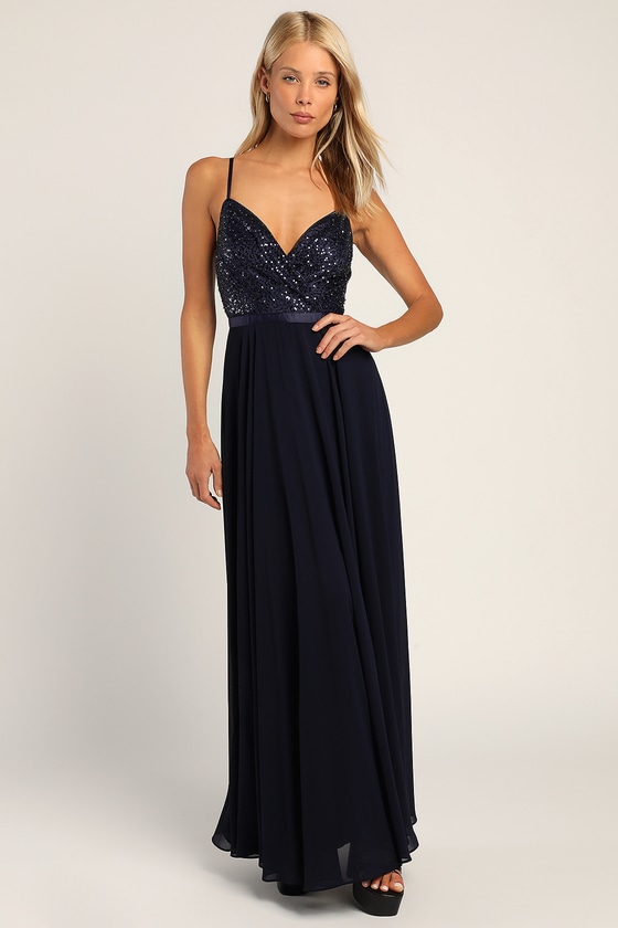 Navy Blue Maxi Dress - Sleeveless Chiffon Dress - Sequin Dress - Lulus