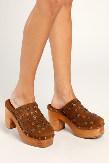 Free People Claudia Tan Suede Leather Studded Clogs