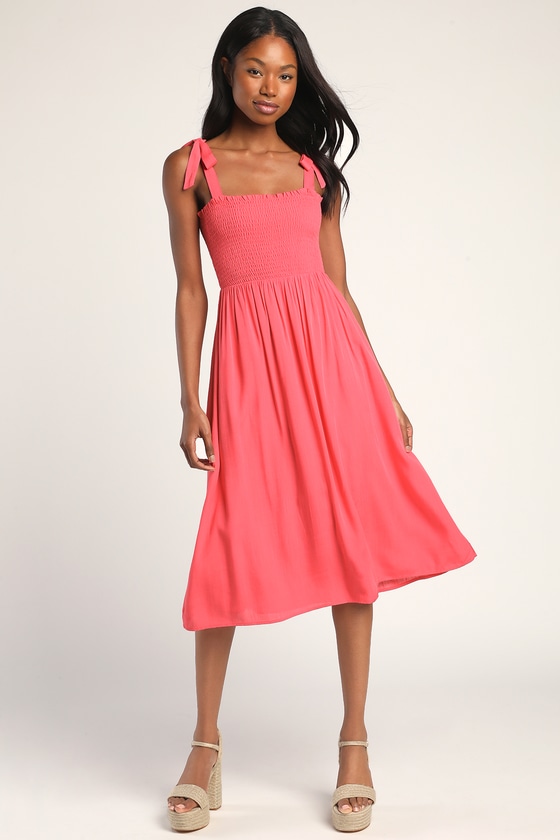 Looking Up Hot Pink Smocked Tie Strap Midi Dress