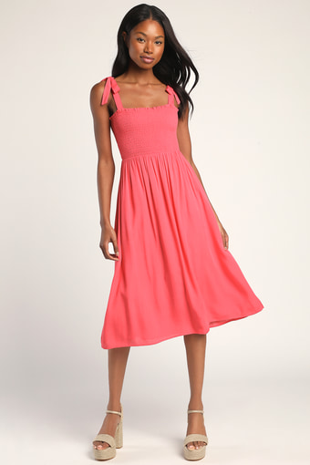 Looking Up Hot Pink Smocked Tie-Strap Midi Dress