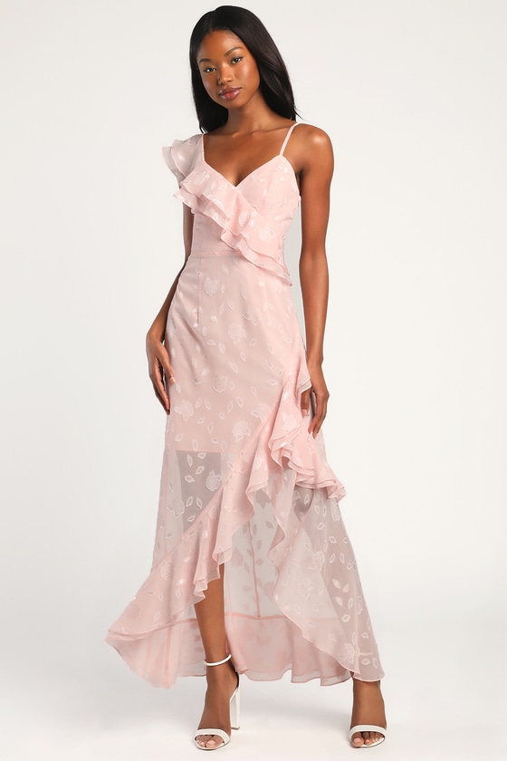 Forever Be Blush Pink Floral Jacquard Ruffled Maxi Dress